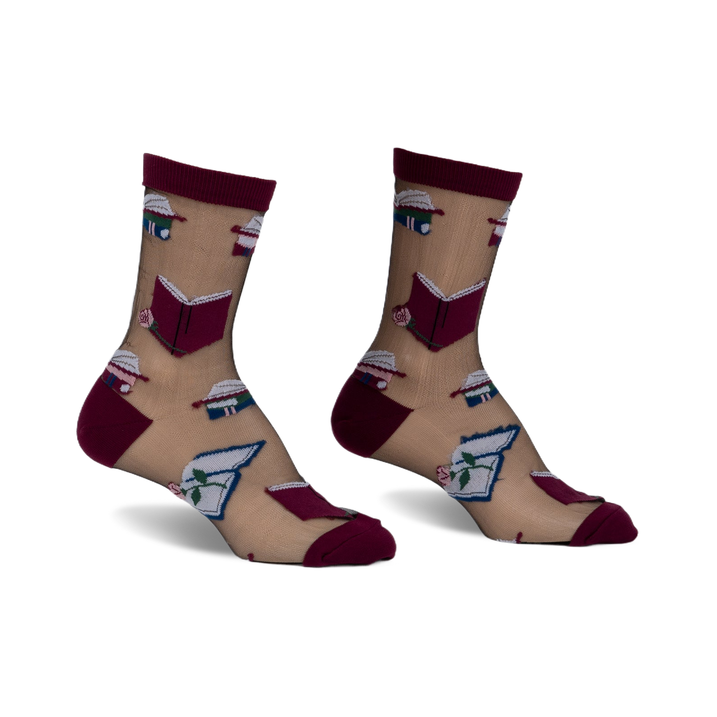 Pair of sheer beige ankle socks with a burgundy trim. Features a whimsical pattern of books and roses.