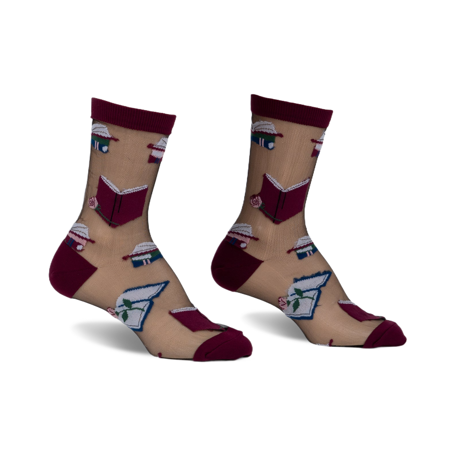 Pair of sheer beige ankle socks with a burgundy trim. Features a whimsical pattern of books and roses.
