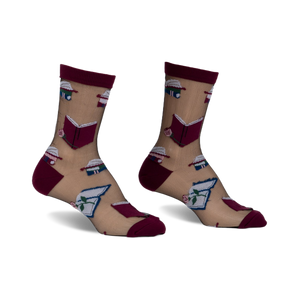 Pair of sheer beige ankle socks with a burgundy trim. Features a whimsical pattern of books and roses.