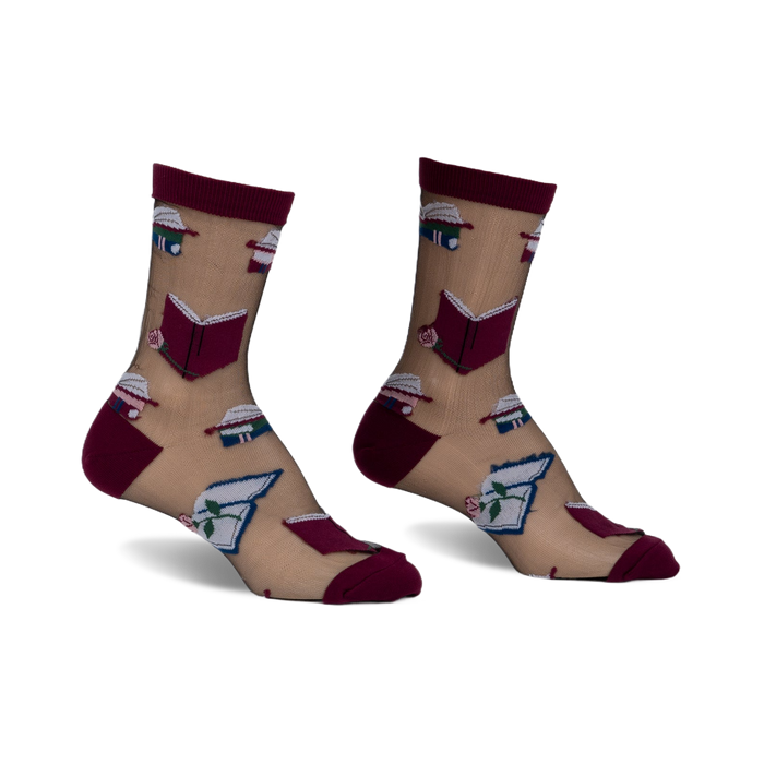 Pair of sheer beige ankle socks with a burgundy trim. Features a whimsical pattern of books and roses.