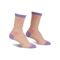 Pair of sheer beige ankle socks with pink bows and lavender cuffs.  Small white polka dots are scattered across the socks.