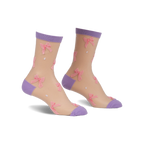 Pair of sheer beige ankle socks with pink bows and lavender cuffs.  Small white polka dots are scattered across the socks.