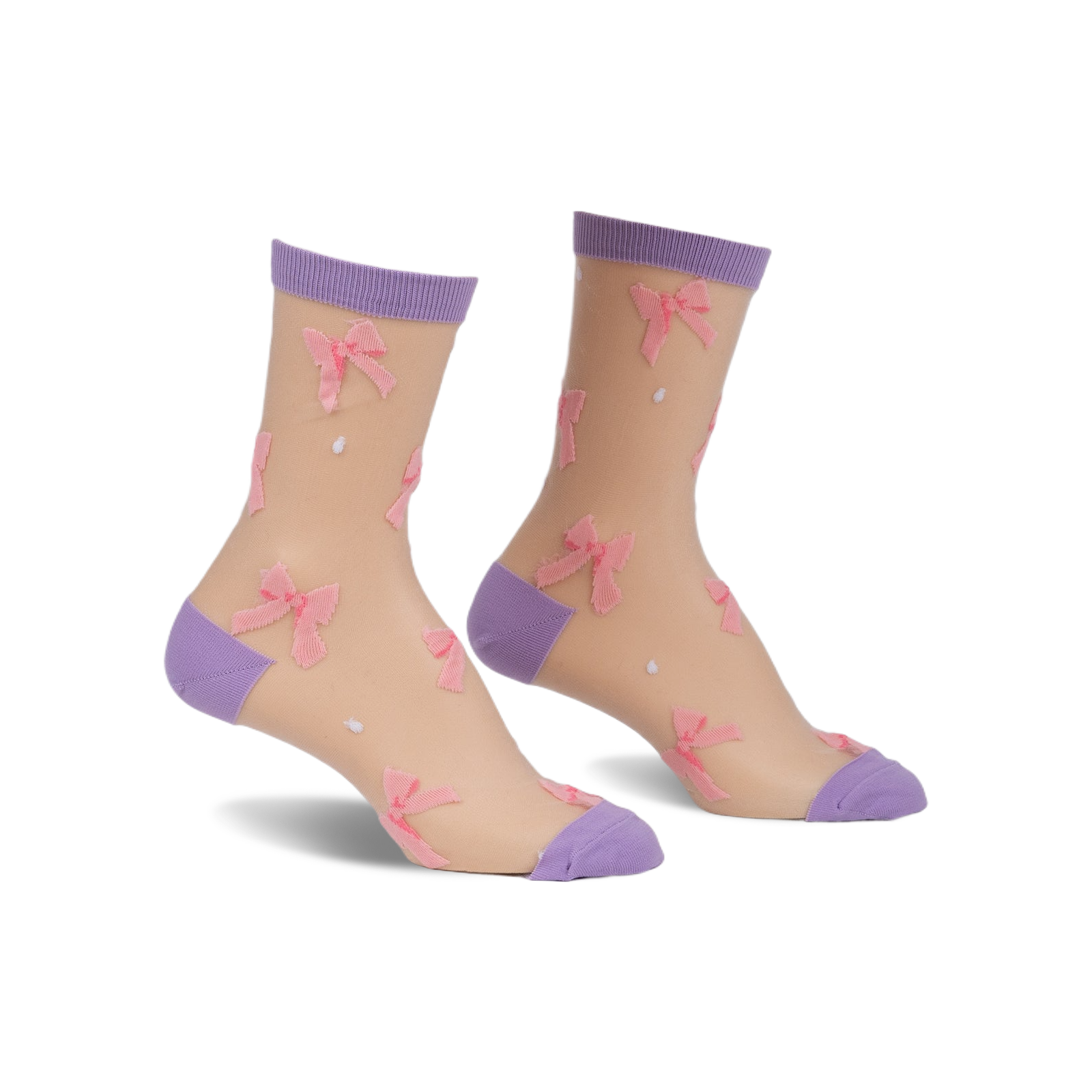 Pair of sheer beige ankle socks with pink bows and lavender cuffs.  Small white polka dots are scattered across the socks.