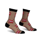 Pair of black sheer socks with red and white vampire fang design.  Ankle-height, playful and slightly spooky.