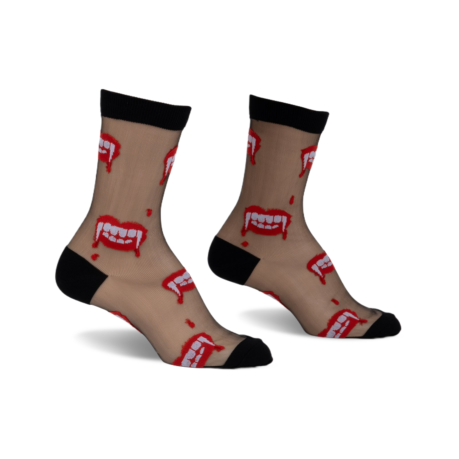 Pair of black sheer socks with red and white vampire fang design.  Ankle-height, playful and slightly spooky.
