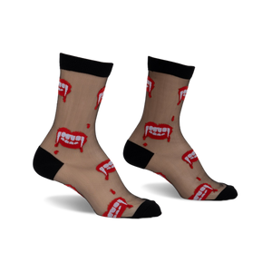 Pair of black sheer socks with red and white vampire fang design.  Ankle-height, playful and slightly spooky.