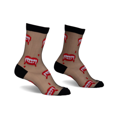 Pair of black sheer socks with red and white vampire fang design.  Ankle-height, playful and slightly spooky.