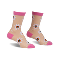 Pair of women's sheer socks in nude with pink cuffs.  White daisies with eye details are printed on the sheer fabric.