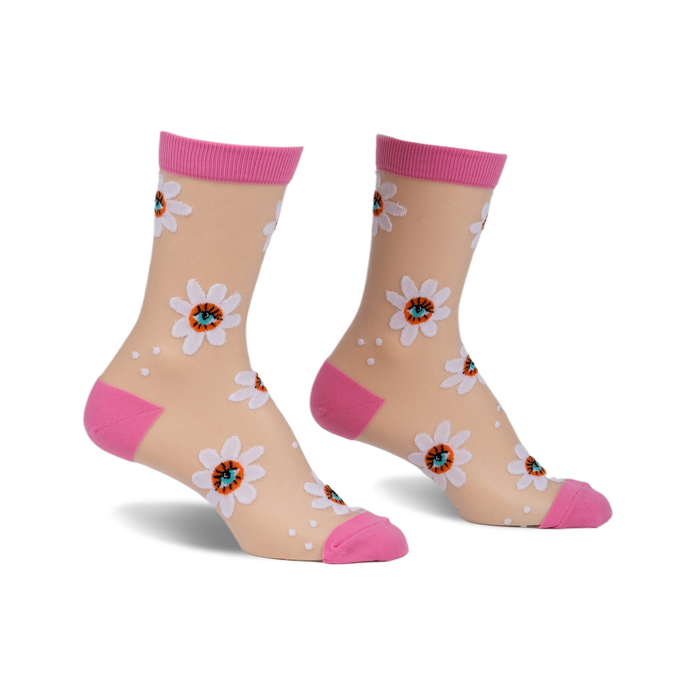 Pair of women's sheer socks in nude with pink cuffs.  White daisies with eye details are printed on the sheer fabric.