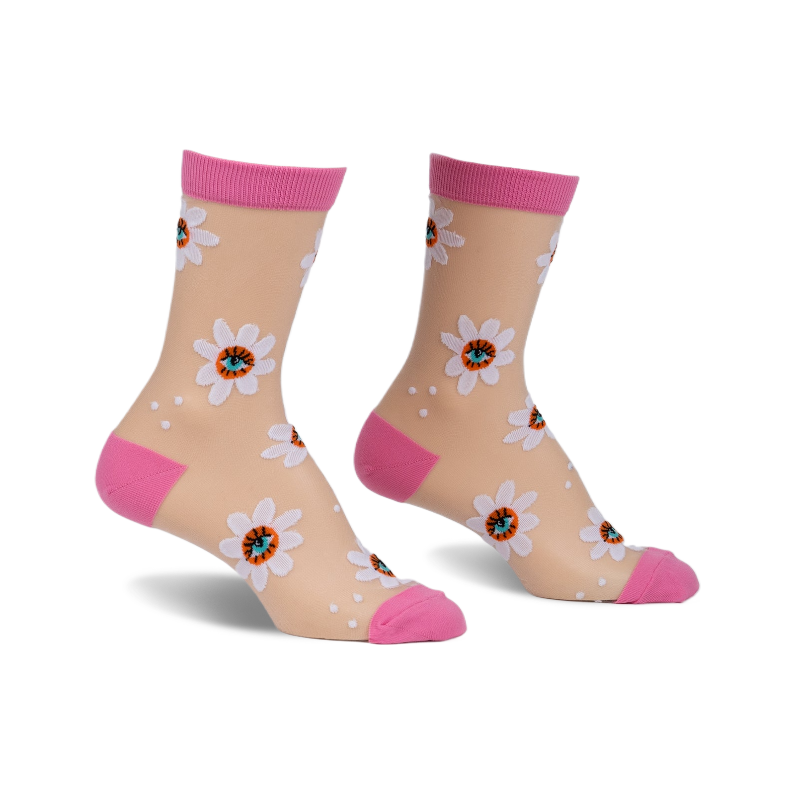 Pair of women's sheer socks in nude with pink cuffs.  White daisies with eye details are printed on the sheer fabric.