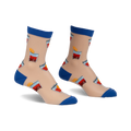 Pair of sheer beige ankle socks with a blue cuff and a repeated pattern of illustrated Negronis.