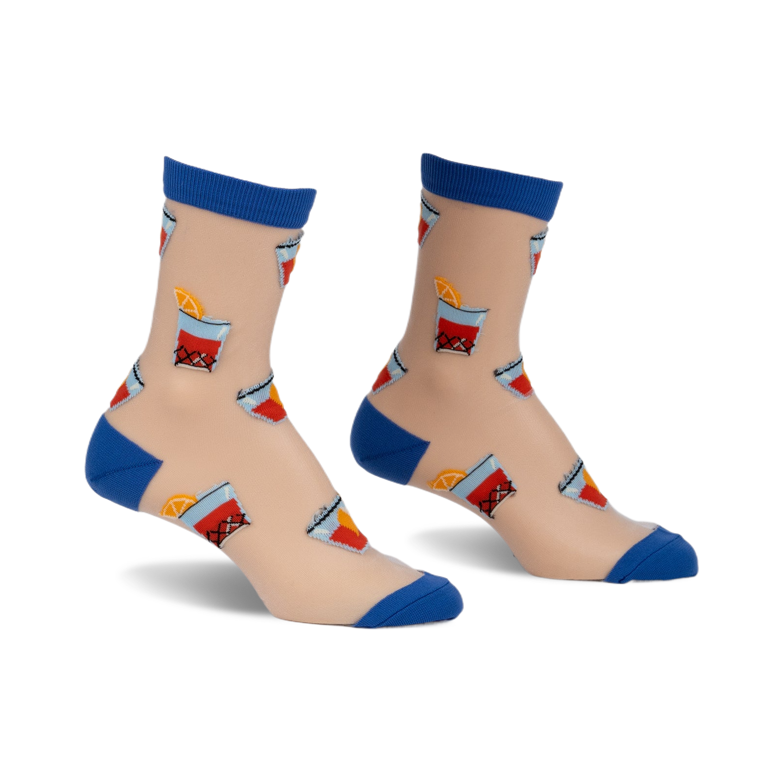 Pair of sheer beige ankle socks with a blue cuff and a repeated pattern of illustrated Negronis.