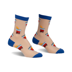 Pair of sheer beige ankle socks with a blue cuff and a repeated pattern of illustrated Negronis.