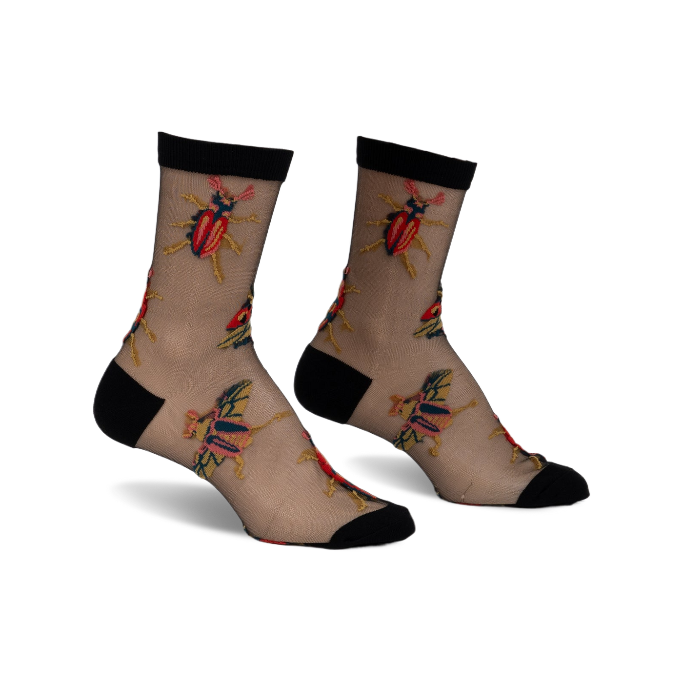 Pair of black sheer ankle socks with embroidered colorful beetles and butterflies. 