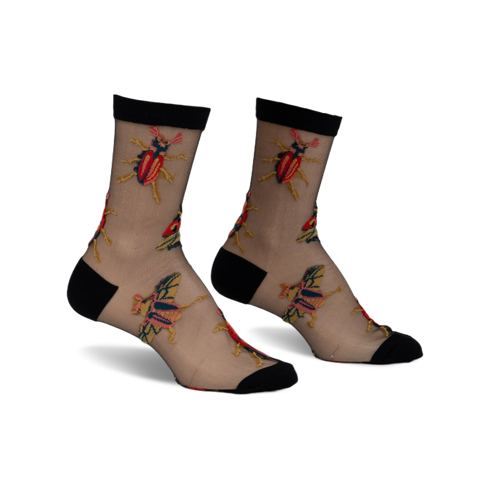 Pair of black sheer ankle socks with embroidered colorful beetles and butterflies. 