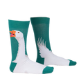 Lifestyle shot showing the socks on a person's legs. The socks are teal and white with a goose design.