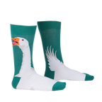 Lifestyle shot showing the socks on a person's legs. The socks are teal and white with a goose design.