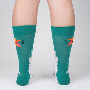 Back view of the socks showing the full goose design on both socks. Teal and white crew socks.
