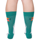 Back view of the socks showing the full goose design on both socks. Teal and white crew socks.
