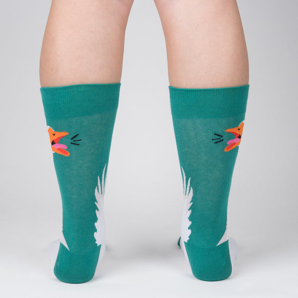 Back view of the socks showing the full goose design on both socks. Teal and white crew socks.