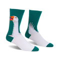 Pair of teal and white crew socks. One sock shows a goose head honking, the other shows the goose's wings.