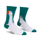 Pair of teal and white crew socks. One sock shows a goose head honking, the other shows the goose's wings.