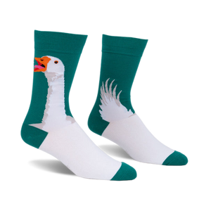 Pair of teal and white crew socks. One sock shows a goose head honking, the other shows the goose's wings.