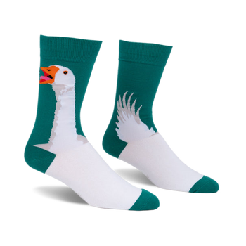 Pair of teal and white crew socks. One sock shows a goose head honking, the other shows the goose's wings.