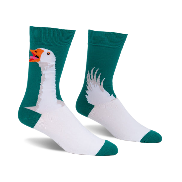 Pair of teal and white crew socks. One sock shows a goose head honking, the other shows the goose's wings.