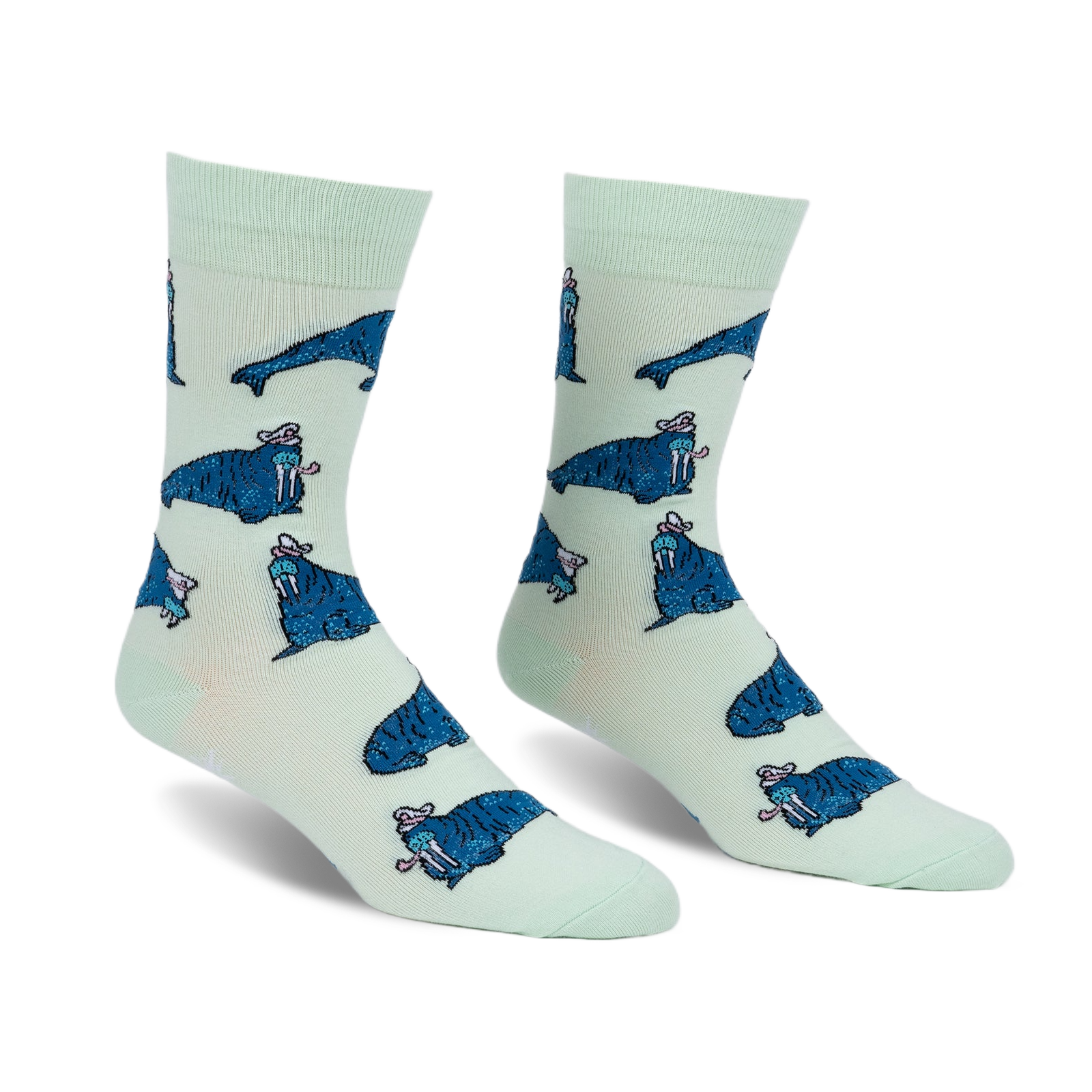 Pair of crew socks. Mint green background with repeating pattern of blue walruses wearing pink hats.
