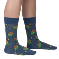 Lifestyle shot of a person wearing 'Yee Frog!' socks, showing how they look when worn.