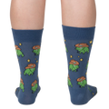 Rear view of 'Yee Frog!' socks worn on a person's legs, showcasing the full sock design.