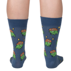 Rear view of 'Yee Frog!' socks worn on a person's legs, showcasing the full sock design.