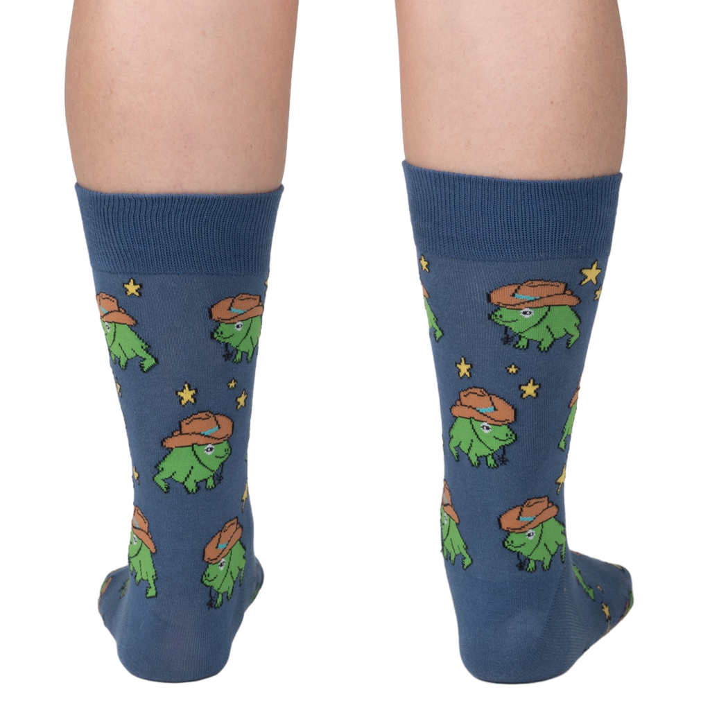 Rear view of 'Yee Frog!' socks worn on a person's legs, showcasing the full sock design.