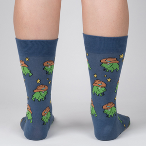 Rear view of 'Yee Frog!' socks worn on a person's legs, showcasing the full sock design.