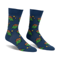 Pair of crew socks in blue featuring a pattern of green frogs wearing cowboy hats and yellow stars.
