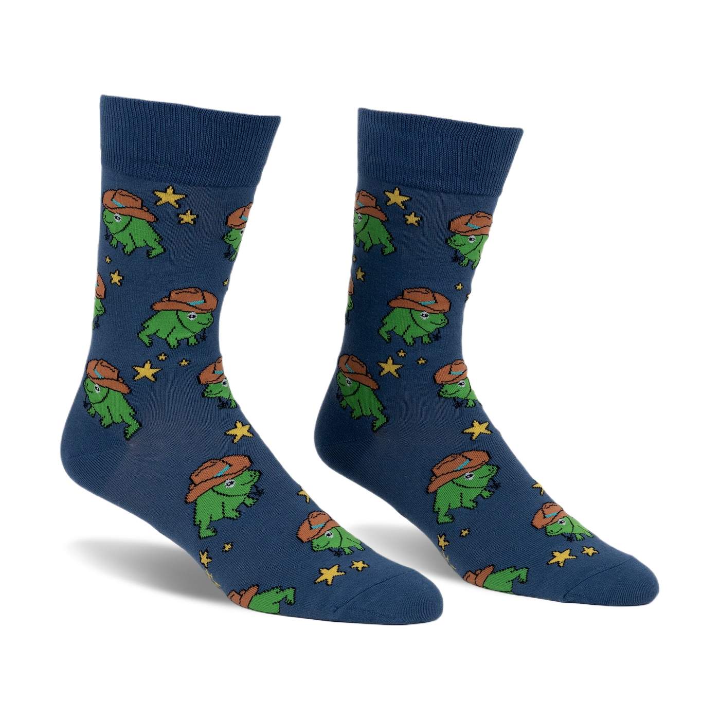 Pair of crew socks in blue featuring a pattern of green frogs wearing cowboy hats and yellow stars.
