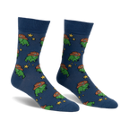 Pair of crew socks in blue featuring a pattern of green frogs wearing cowboy hats and yellow stars.