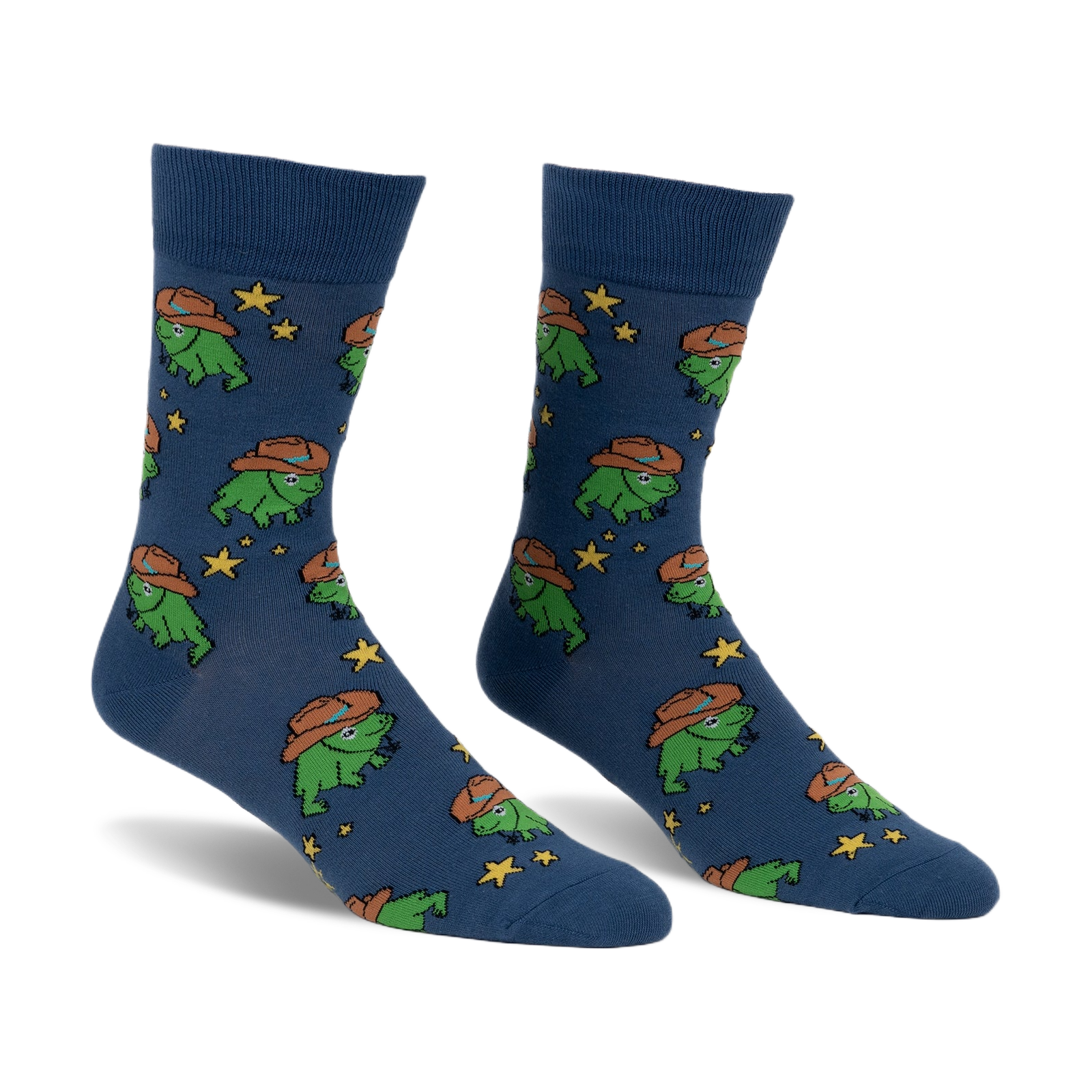 Pair of crew socks in blue featuring a pattern of green frogs wearing cowboy hats and yellow stars.