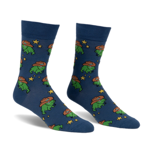 Pair of crew socks in blue featuring a pattern of green frogs wearing cowboy hats and yellow stars.