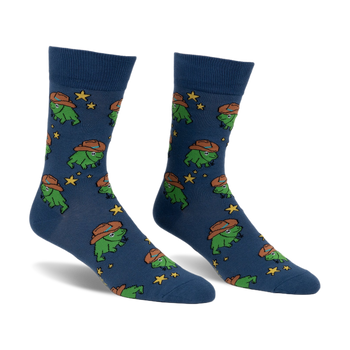 Pair of crew socks in blue featuring a pattern of green frogs wearing cowboy hats and yellow stars.