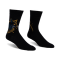 Pair of black crew socks with a detailed gold and blue cat design on one side and a complementary feather pattern on the other.