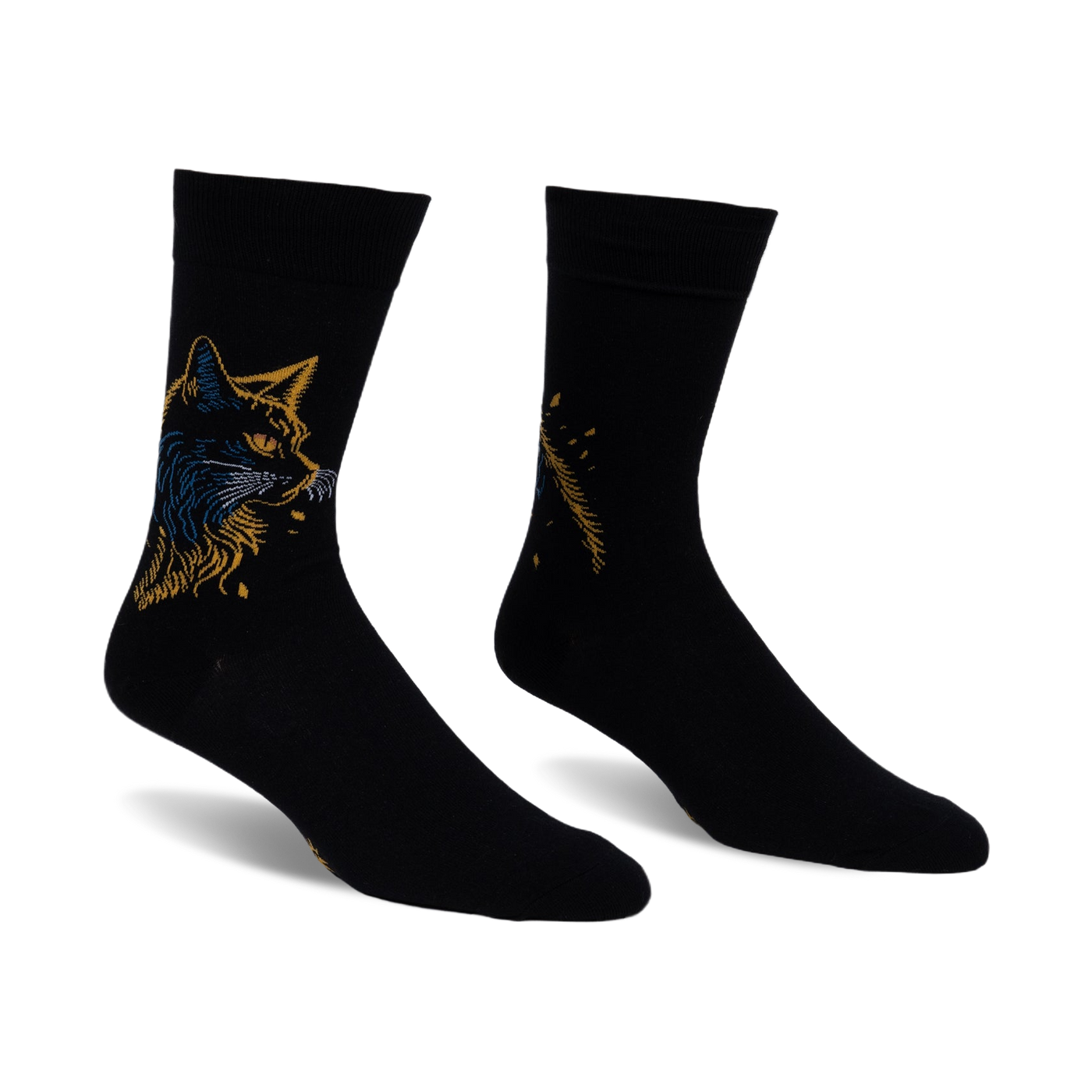 Pair of black crew socks with a detailed gold and blue cat design on one side and a complementary feather pattern on the other.