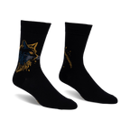 Pair of black crew socks with a detailed gold and blue cat design on one side and a complementary feather pattern on the other.