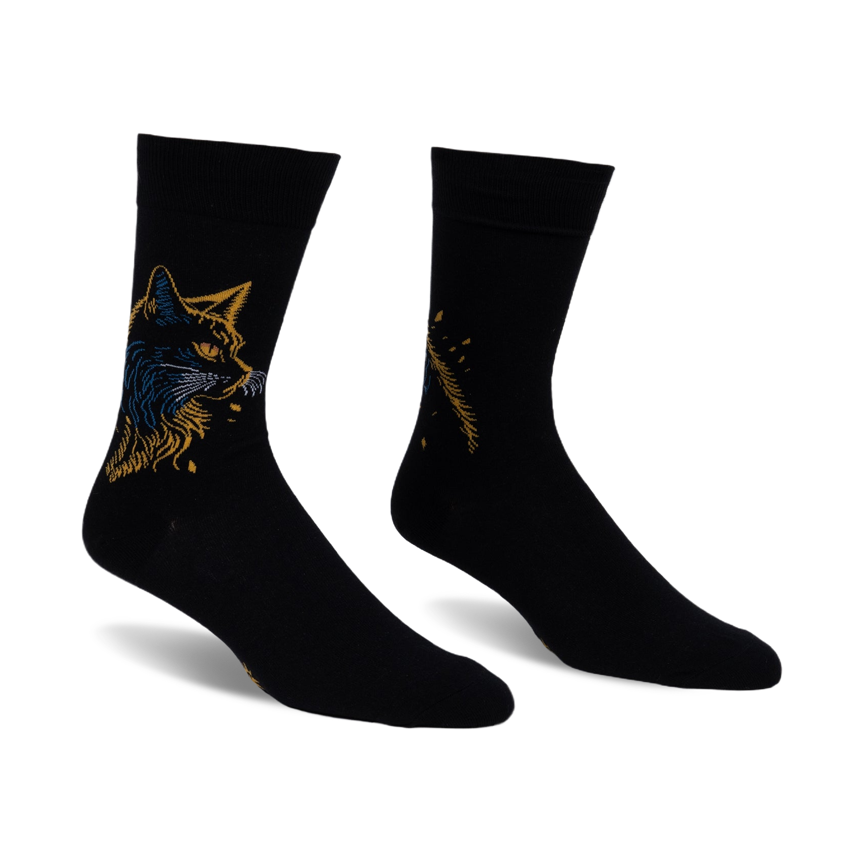 Pair of black crew socks with a detailed gold and blue cat design on one side and a complementary feather pattern on the other.