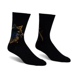 Pair of black crew socks with a detailed gold and blue cat design on one side and a complementary feather pattern on the other.