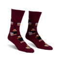 Pair of burgundy crew socks with a repeating pattern of whiskey bottles and glasses. Fun and stylish!