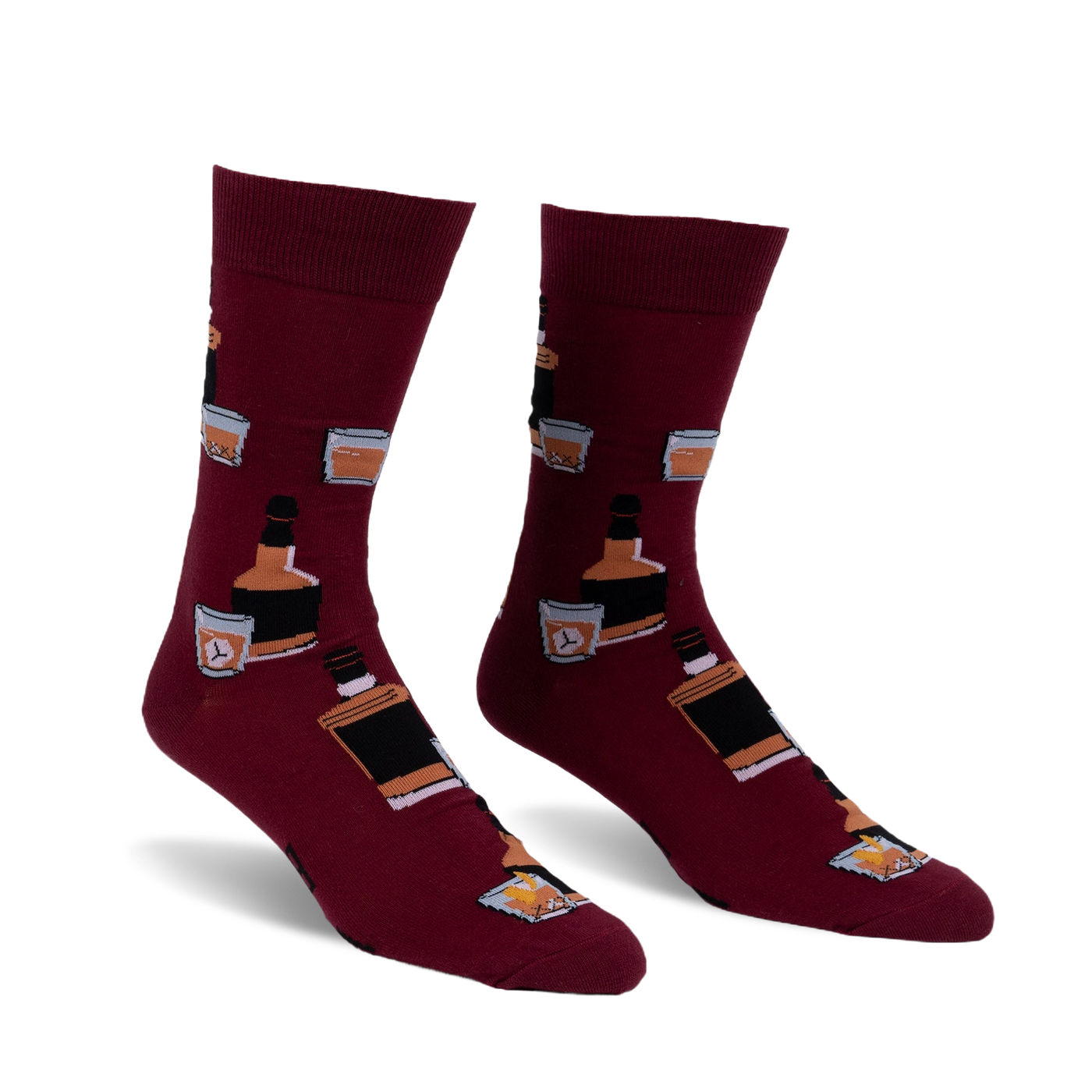 Pair of burgundy crew socks with a repeating pattern of whiskey bottles and glasses. Fun and stylish!