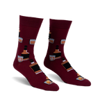 Pair of burgundy crew socks with a repeating pattern of whiskey bottles and glasses. Fun and stylish!