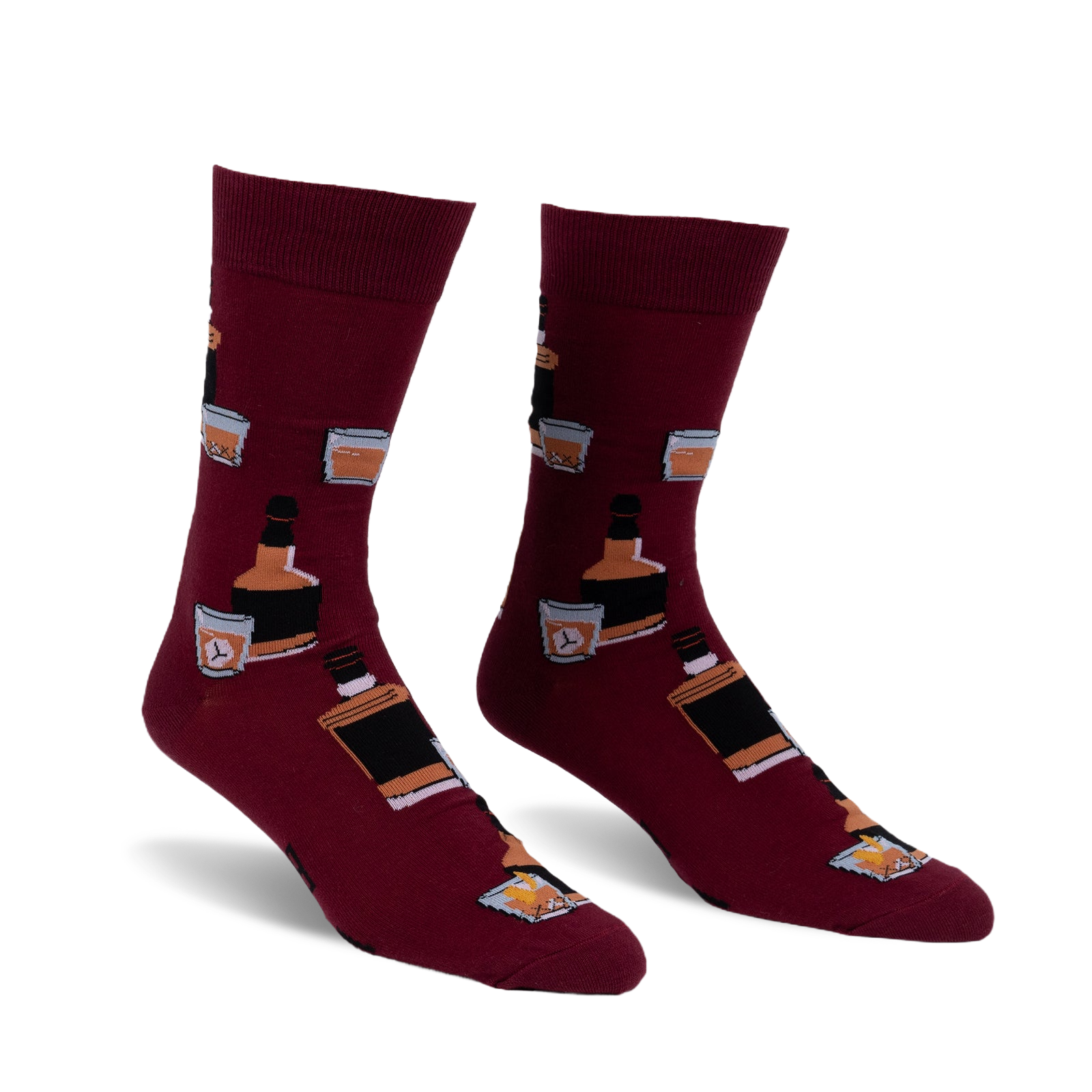 Pair of burgundy crew socks with a repeating pattern of whiskey bottles and glasses. Fun and stylish!